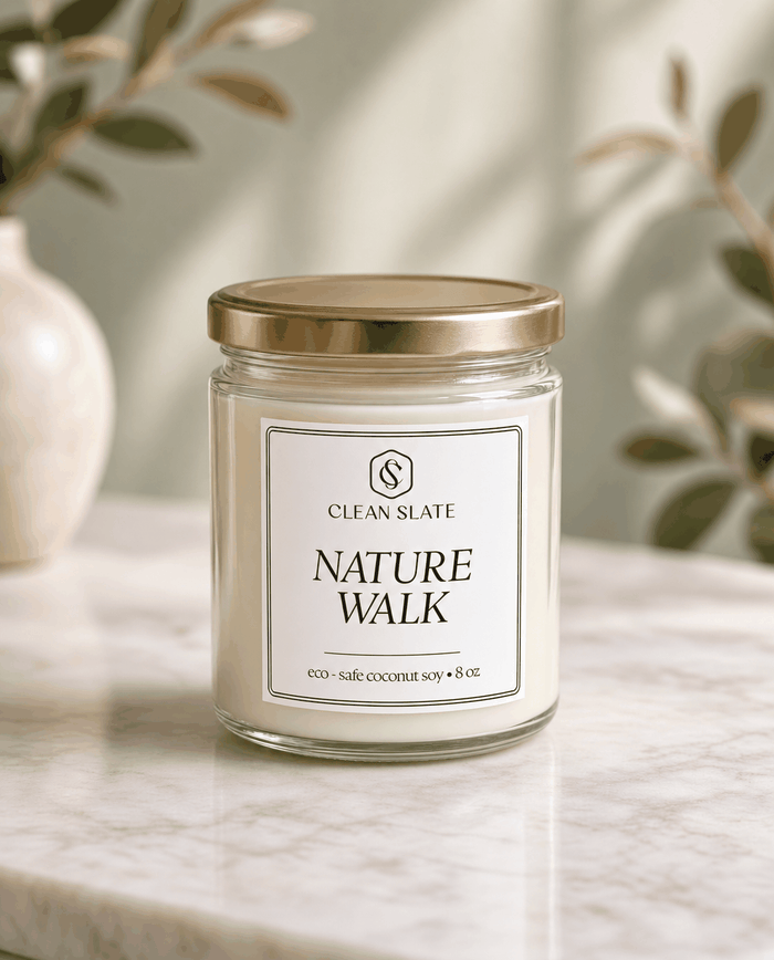 Nature Walk Candle in clear glass jar with minimalist label and gold metal lid on marble surface