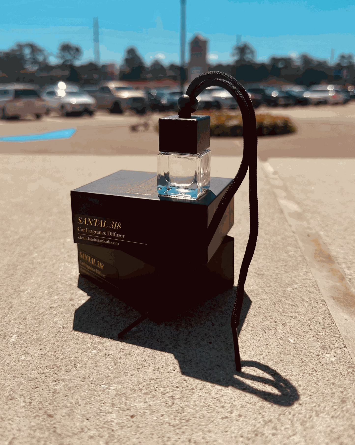 Santal 318 Car Diffuser in a clear glass bottle with a dark cap and hanging cord, displayed with its black box