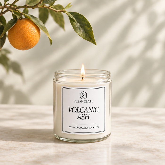 Volcanic Ash Candle With a Orange Vine hanging over the lit candle