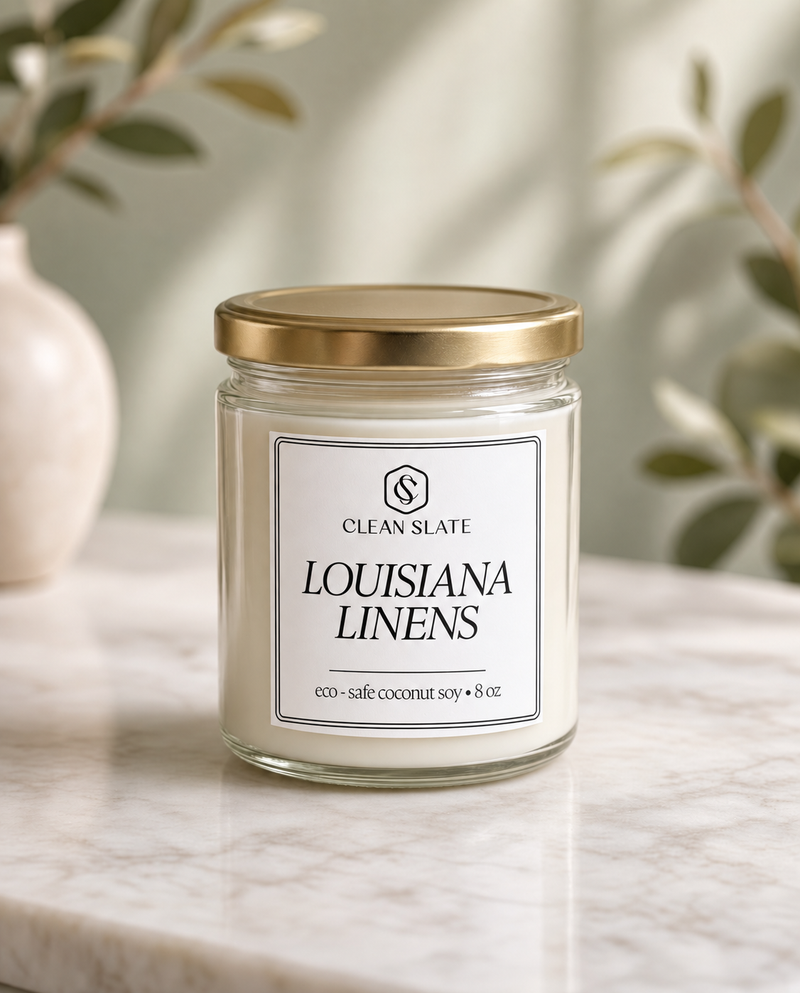 Glass jar fresh linen candle with white wax and gold lid labeled Louisiana Linens clean slate 8 oz